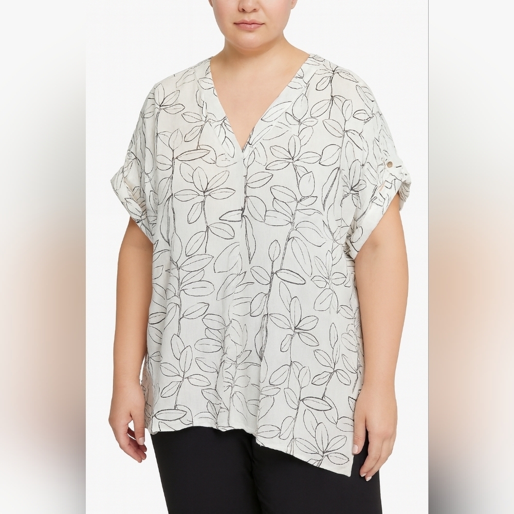 Cynthia Rowley Boho Linen V-Neck Top Sz 2X White Relaxed Beachy Lagenlook Chic